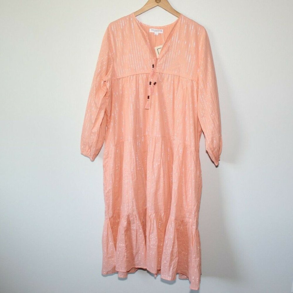 NWT India Collection Emerson Fry Heirloom Dress Peach Silver Lurex M/L H12910 - Picture 2 of 11